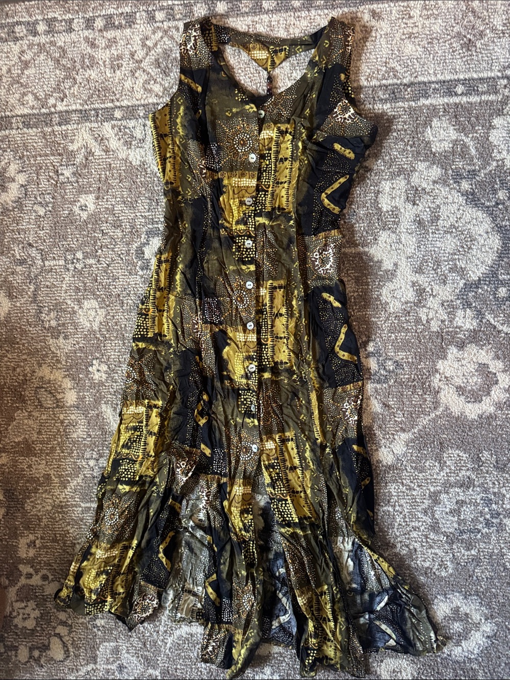 Vintage Scarlett Yellow and Black Patterned Button-Front Midi Dress